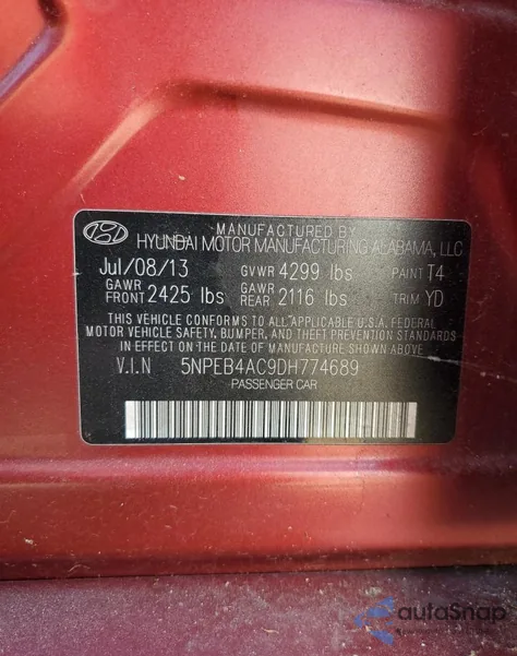 2013 Hyundai Sonata Gls z USA, uszkodzony, nr VIN 5NPEB4AC9DH774689